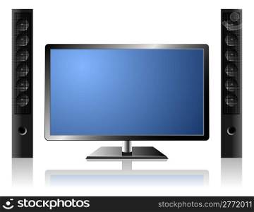 New modern flat TV set with external audio system isolated on white background.