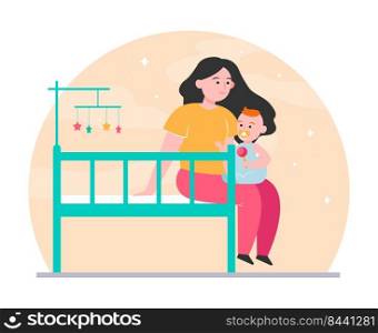 New mom holding and soothing baby. Crib, toddler, playing with child flat vector illustration. Childhood, childcare, parenthood concept for banner, website design or landing web page