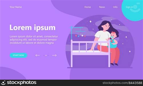 New mom holding and soothing baby. Crib, toddler, playing with child flat vector illustration. Childhood, childcare, parenthood concept for banner, website design or landing web page