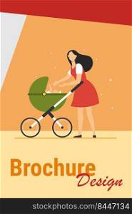 New mom walking with stroller. Mother reaching hands to baby in pram flat vector illustration. Love, motherhood, childcare concept for banner, website design or landing web page