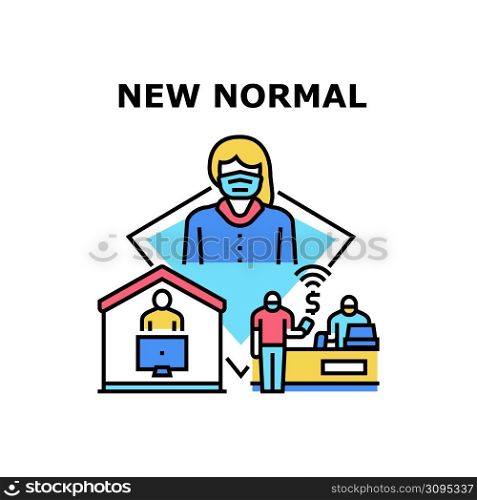 New Normal Protect Vector Icon Concept. Wearing Protective Facial Mask In Public Place, Contactless Payment In Store And Remote Working At Home New Normal Of Health Protection Color Illustration. New Normal Protect Vector Concept Illustration