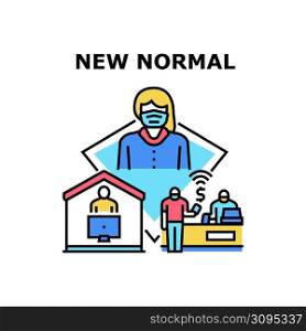 New Normal Protect Vector Icon Concept. Wearing Protective Facial Mask In Public Place, Contactless Payment In Store And Remote Working At Home New Normal Of Health Protection Color Illustration. New Normal Protect Vector Concept Illustration