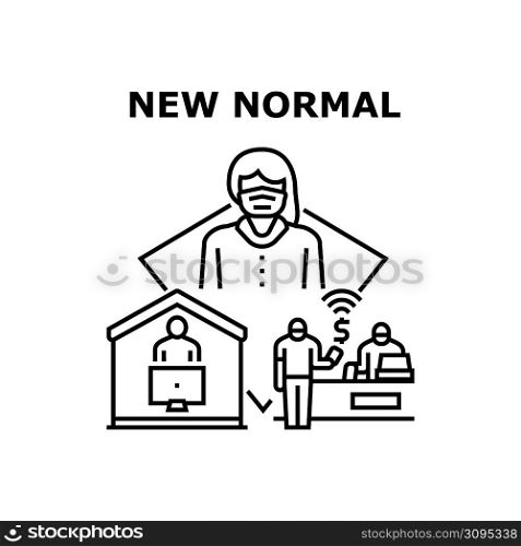 New Normal Protect Vector Icon Concept. Wearing Protective Facial Mask In Public Place, Contactless Payment In Store And Remote Working At Home New Normal Of Health Protection Black Illustration. New Normal Protect Vector Concept Illustration