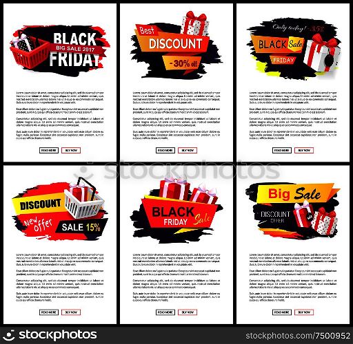 New offer on black friday, shops sellout discounts vector. Presents and gifts decorated with ribbons, commercial promotion of stores with sale prices. New Offer on Black Friday, Shops Sellout Discounts