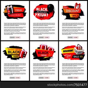 New offer on black friday, shops sellout discounts vector. Presents and gifts decorated with ribbons, commercial promotion of stores with sale prices. New Offer on Black Friday, Shops Sellout Discounts