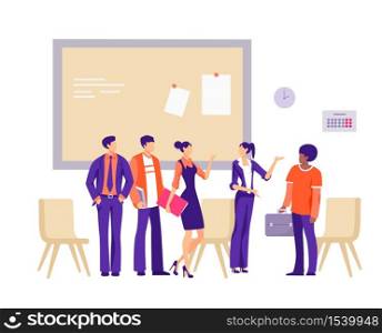 New office employee illustration. Group of workers characters are greeted with new friends candidacy friendly atmosphere in business team well coordinated flat vector work.. New office employee illustration. Group of workers characters are greeted with new friends.