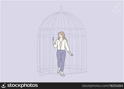 New opportunities, mental development, freedom concept. Young woman cartoon character making step out of cage and releasing herself from confined space getting freedom of mind illustration . New opportunities, mental development, freedom concept