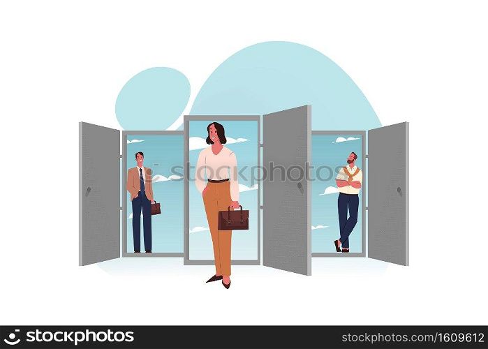 New opportunities, right choice, business concept. Team of young businesspeople businessmen woman clerks managers employees standing near doors to new opportunities. Right choice illustration.. New opportunities, right choice, business concept