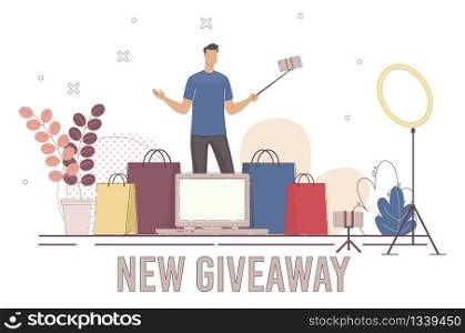 New Product or Brant Advertising in Internet, Company Giveaway Event Promotion in Social Media Concept. Blogger, Vlogger Reviewing Electronics Gadgets and Devices Trendy Flat Vector Illustration