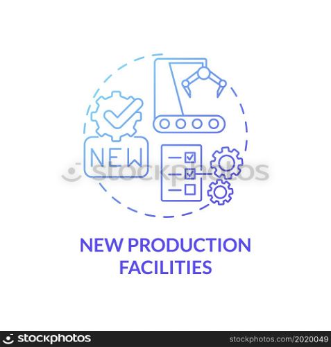New production facilities blue gradient concept icon. Business growth abstract idea thin line illustration. Renewed equipment. Manufacturing automation. Vector isolated outline color drawing. New production facilities blue gradient concept icon