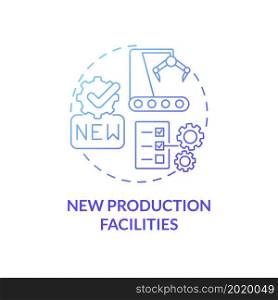 New production facilities blue gradient concept icon. Business growth abstract idea thin line illustration. Renewed equipment. Manufacturing automation. Vector isolated outline color drawing. New production facilities blue gradient concept icon