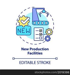 New production facilities concept icon. Business growth abstract idea thin line illustration. Renewed equipment. Manufacturing automation. Vector isolated outline color drawing. Editable stroke. New production facilities concept icon