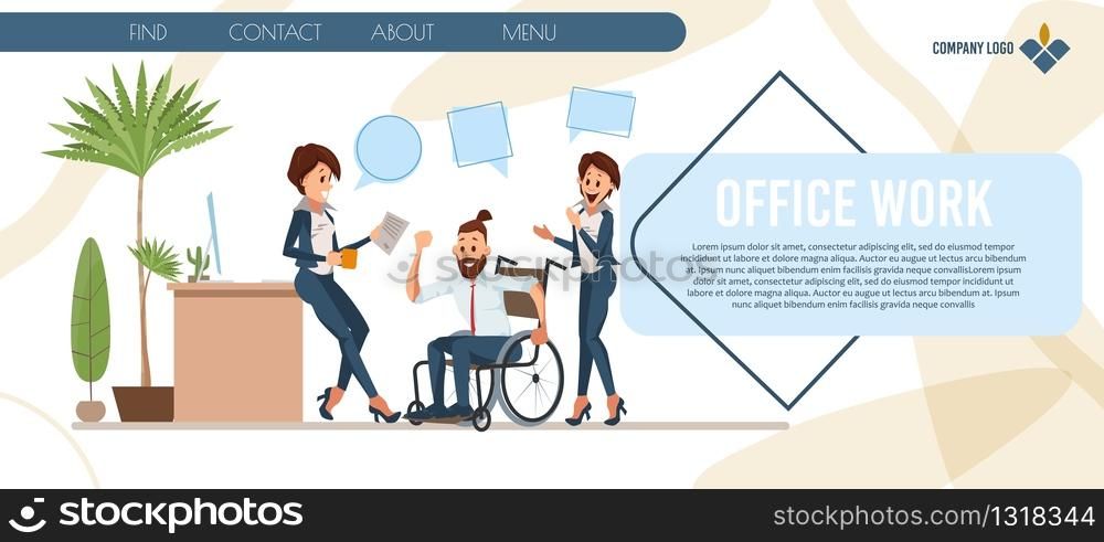 New Profession Professional Training for People with Disabilities Trendy Flat Vector Web Banner, Landing Page. Female Employees, Colleagues Greeting Man in Wheelchair with Job Promotion Illustration