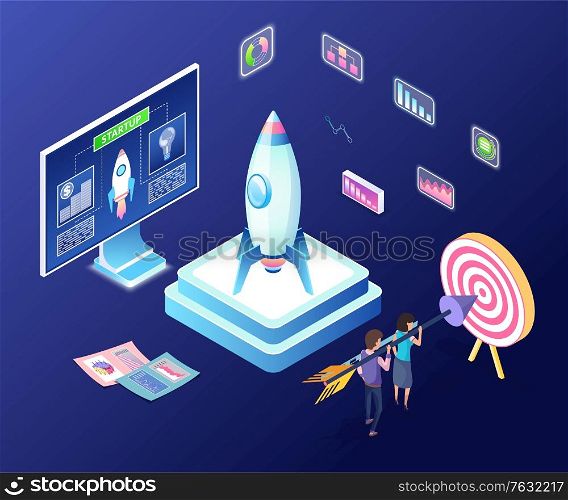 New project launching vector, 3d workers aiming at target holding big arrow, isometric computer monitor with information and rocket, infocharts and infographics. Business Startup, People Working on New Project