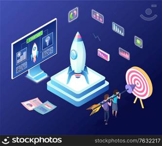 New project launching vector, 3d workers aiming at target holding big arrow, isometric computer monitor with information and rocket, infocharts and infographics. Business Startup, People Working on New Project