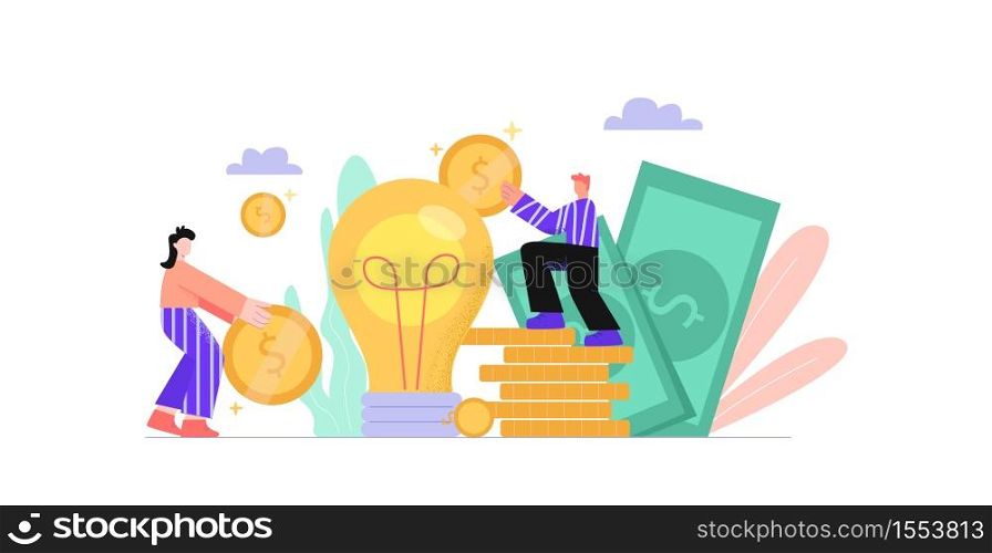 New project on crowdfunding illustration. Fundraising for new business idea product launch with social participation overall benefit for sponsor and vector developer.. New project on crowdfunding illustration. Fundraising for new business idea.