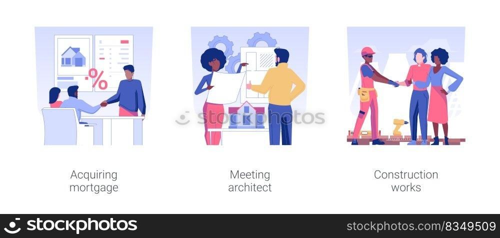 New property building isolated concept vector illustration set. Acquiring mortgage, meeting architect property project and bluepront, construction works, real estate busines vector cartoon.. New property building isolated concept vector illustrations.