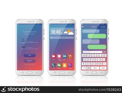 New realistic mobile smart phone modern style. Vector smartphone with UI icons. interface login design and messaging sms app on white background.