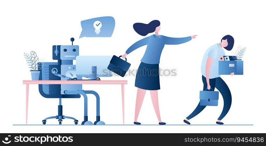New robot on workplace and businesswoman dismissed woman worker. Boss fire female employee. Business people characters and signs in trendy style. Artificial intelligence replaced human. Flat vector illustration