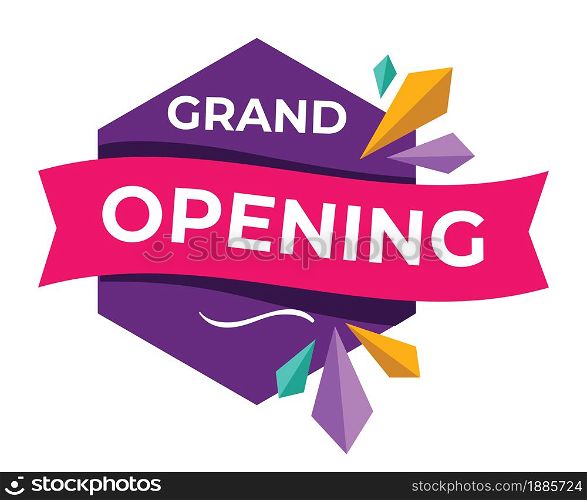 New shop or store grand opening soon, promotional banner with announcement. Business and commerce on market. Isolated icon for advertisement, decorative ribbon and text, vector in flat style. Grand opening soon, announcement of new shop or store