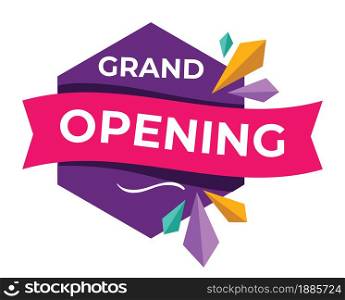 New shop or store grand opening soon, promotional banner with announcement. Business and commerce on market. Isolated icon for advertisement, decorative ribbon and text, vector in flat style. Grand opening soon, announcement of new shop or store