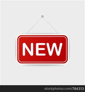 New sign. New hanging sign on white background. Sign for door. Vector stock illustration.