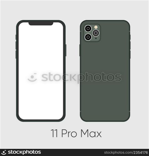 New Smartphone 11 Pro Max Green both sides isolated on black background. Vector illustration.. New Smartphone 11 Pro Max Green both sides isolated on black background
