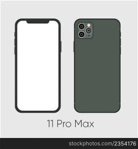 New Smartphone 11 Pro Max Green both sides isolated on black background. Vector illustration.. New Smartphone 11 Pro Max Green both sides isolated on black background