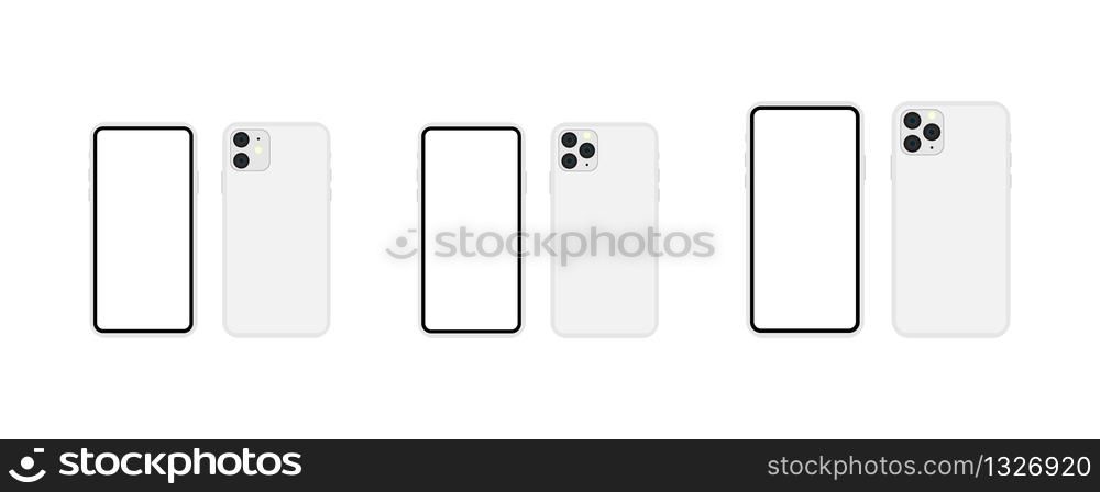 New smartphone model 2019 blank screen set. Smartphone model 11, 11 pro, 11 pro max in silver color mockup. Vector EPS 10