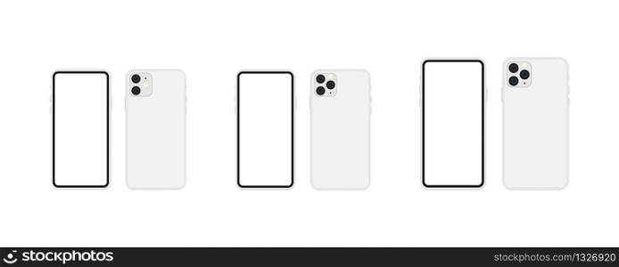 New smartphone model 2019 blank screen set. Smartphone model 11, 11 pro, 11 pro max in silver color mockup. Vector EPS 10