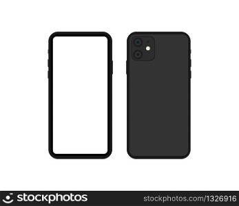 New smartphone model 2019 blank screen. Smartphone model 11 in black color mockup. Vector EPS 10