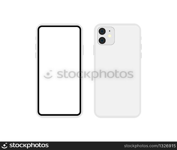 New smartphone model 2019 blank screen. Smartphone model 11 in silver color mockup. Vector EPS 10