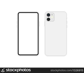 New smartphone model 2019 blank screen. Smartphone model 11 in silver color mockup. Vector EPS 10