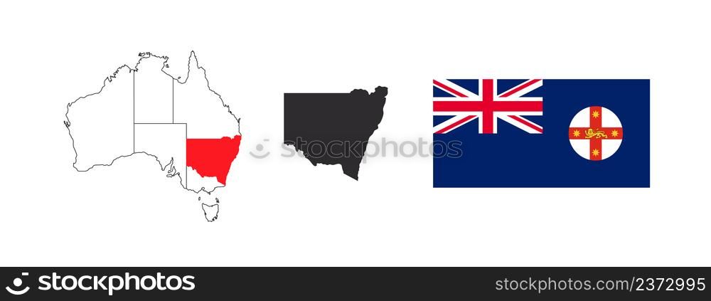 New South Wales Map. Flag of New South Wales. States and territories of Australia. Vector illustration