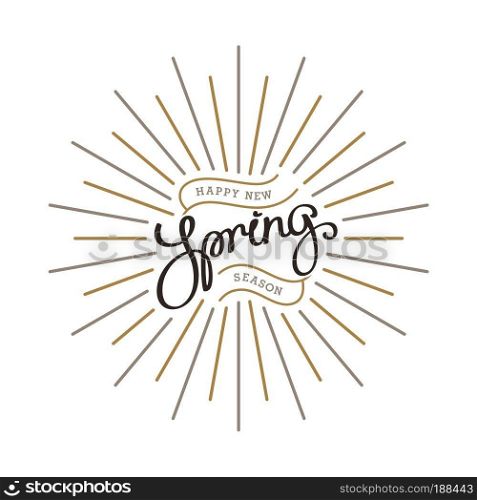 New Spring season. Creative handwritten calligraphy composition with linear starburst.
 Vector template for your design. . New Spring season