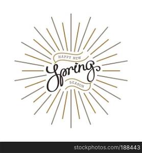 New Spring season. Creative handwritten calligraphy composition with linear starburst.
 Vector template for your design. . New Spring season