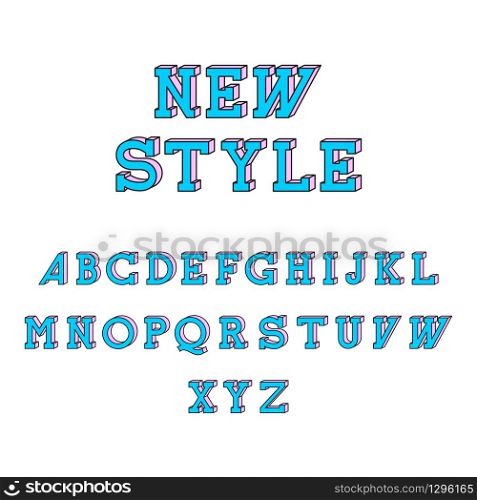 New style isometric font vector illustration. Set of unique decorative blue 3D type serif, capital calligraphic alphabet letters isolated on white background. Latin type modern or retro design. New style isometric font vector illustration