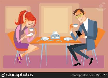 New technologies and family. Husband and wife are sitting at the dining table and not talk, but looking at their phones