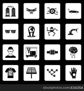 New technologies icons set in white squares on black background simple style vector illustration. New technologies icons set squares vector