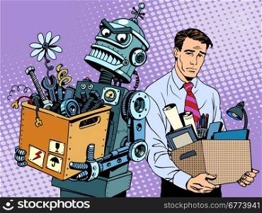 New technologies robot replaces human pop art retro style. Gadgets are changing the world. New technologies robot replaces human