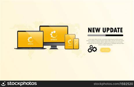New update for devices banner. Computer, laptop, tablet and smart phone screen with updating process. Vector on isolated white background. EPS 10.. New update for devices banner. Computer, laptop, tablet and smart phone screen with updating process. Vector on isolated white background. EPS 10