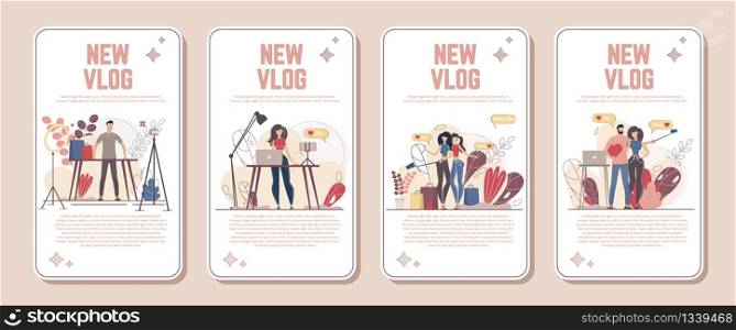 New Video Review Vlog, Beauty Blogger Personal Page, Lifestyle Streamer Channel Advertising Banner, Promo Poster Templates Set. Man and Woman Characters Recording Video Trendy Flat Vector Illustration