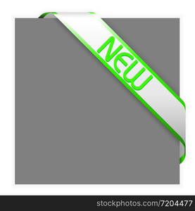 New white corner ribbon with green text