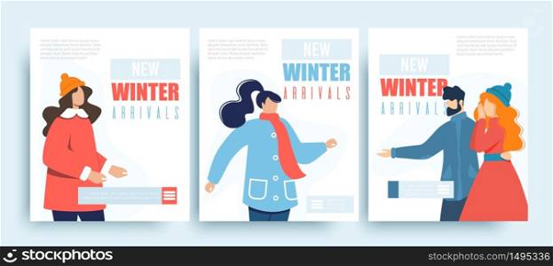 New Winter Arrival Sale Social Media Set Clothes Flat Shop. Happy People Having Warm Trendy Look Wearing Clothing Casual Outfit for Cold Weather. Webpage Bundle. Vector Cartoon Illustration. New Winter Arrival Shop Sale Social Media Set