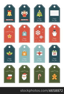 New year 16 labels. Festive for a gift. The winter decor isolated for the print. Vector