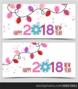 New Year 2018. Vector illustration colorful lights. Background string lights on New Year 2018. Two banners
