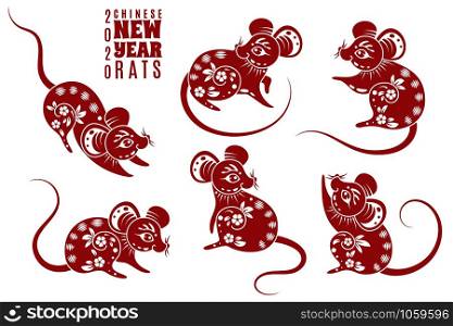New year 2020 rat. Red rats with asian pattern elements. Chinese astrological holiday symbol for creative zodiacal calendar vector abstract asia astrology mouse set. New year 2020 rat. Red rats with asian pattern elements. Chinese astrological holiday symbol for creative zodiacal calendar vector set