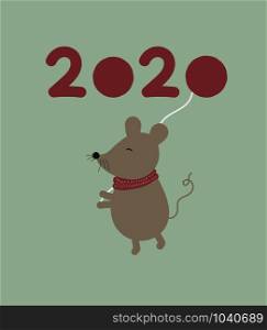 New year 2020 with christmas rat mouse on green background.