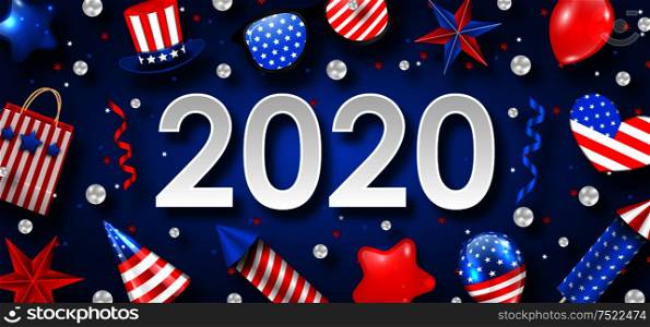 New Year 2020 with National Colors of USA American Flag. Celebration Banner - Illustration Vector. New Year 2020 with National Colors of USA American Flag. Celebration Banner