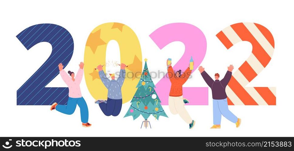 New year 2022 celebrating. People celebrate, happy friends and giant numbers. Christmas holiday characters, office party utter vector banner. Illustration 2022 year greeting, celebrate new year. New year 2022 celebrating. People celebrate, happy friends and giant numbers. Christmas holiday characters, office corporate party utter vector banner